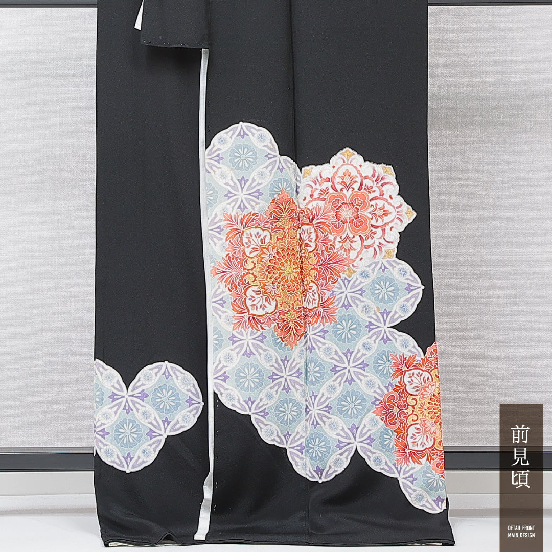黒留袖 袷 身丈167cm 裄丈66cm 五つ紋 丸に木瓜 フォーマル Cランク XLサイズ 正絹 比翼仕立て 広衿 唐草華文 1211-F0694