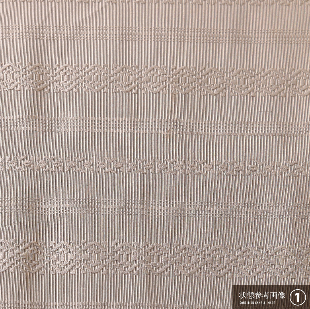 八寸名古屋帯 帯丈376cm インフォーマル 開き仕立て 全通 Bランク 正絹 本場筑前博多織 献上柄 ベージュ系 グレー系 1224-03943