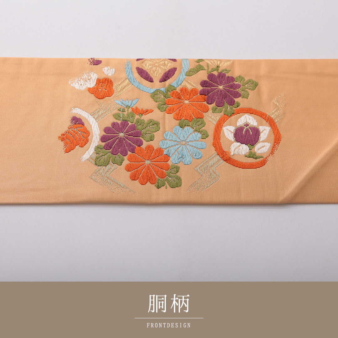 九寸名古屋帯 帯丈354cm セミフォーマル 名古屋仕立て ポイント柄 Cランク 正絹 菊 朱系 1224-03552