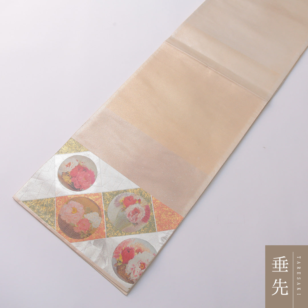 袋帯 帯丈444cm 正絹 六通 セミフォーマル 格天井 金系 クリーム系 1243-01969