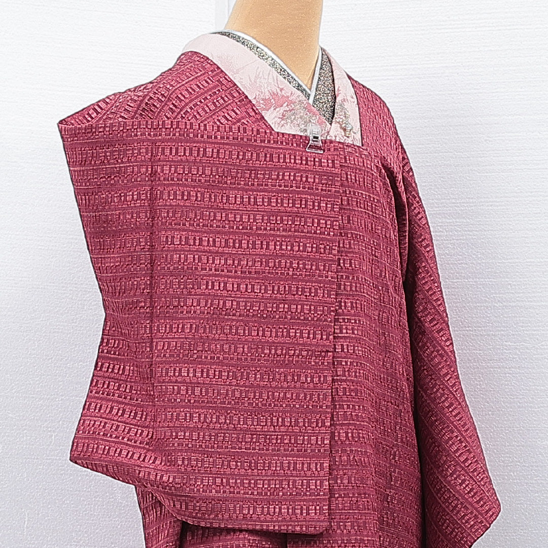 道行コート 袷 身丈86cm 裄丈64cm 正絹 Sランク カジュアル Mサイズ ふくれ織 ポケットあり 縞 赤系 RP 1237-15323