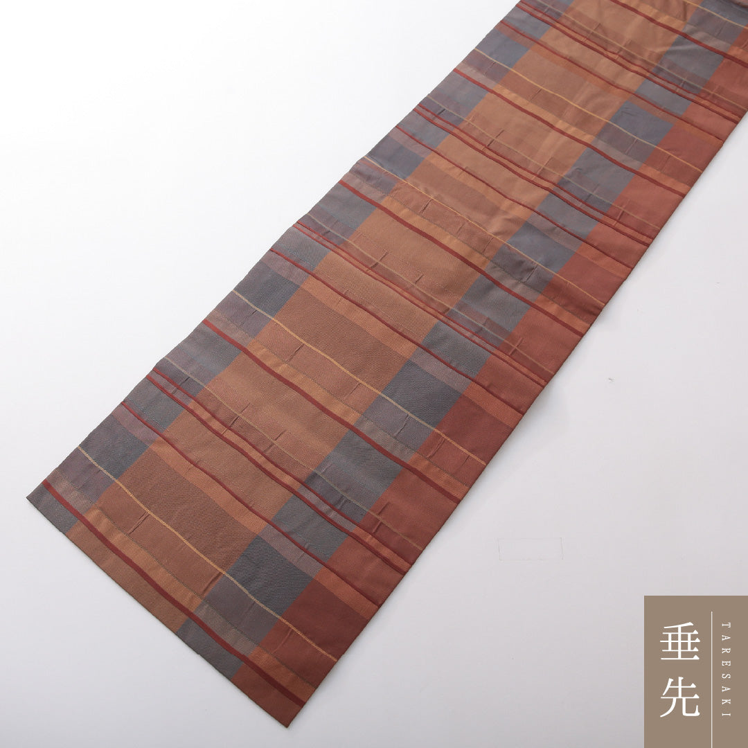 九寸名古屋帯 Aランク 帯丈362cm 正絹 全通 名古屋仕立て 織り カジュアル ふくれ織 創作柄 茶系 RP 1245-03747