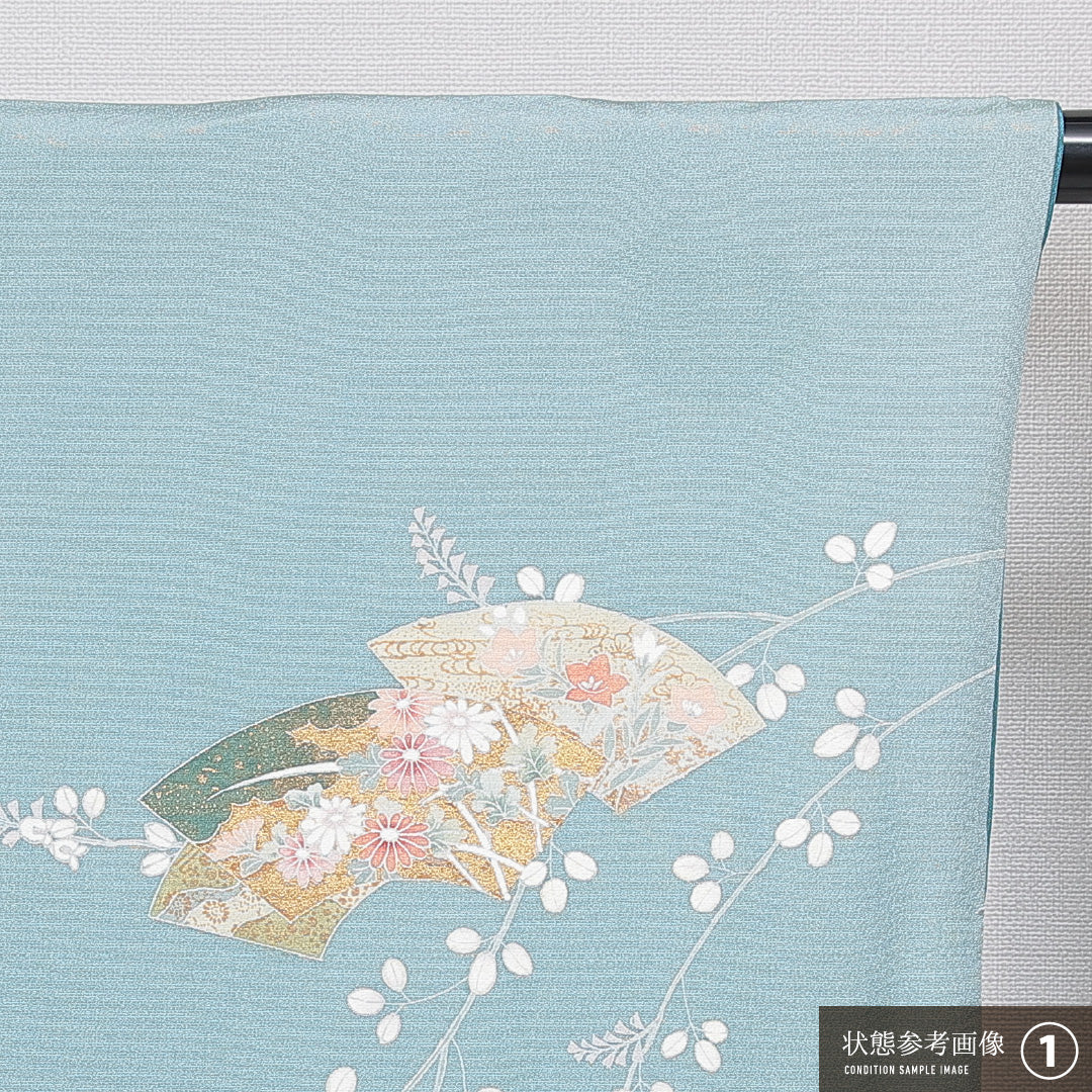 訪問着 袷 身丈155cm 裄丈66cm 正絹 Bランク Mサイズ 広衿 セミフォーマル 扇 流水 菊 水色系 1212-15654