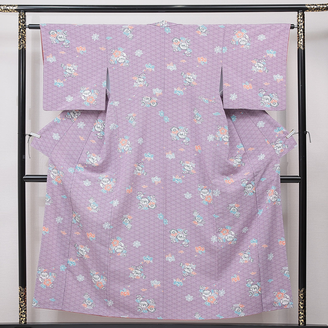 洗える着物 小紋 袷 身丈152cm 裄丈62cm ポリエステル Aランク インフォーマル 広衿 Sサイズ 椿 紫系 RP 1221-15843