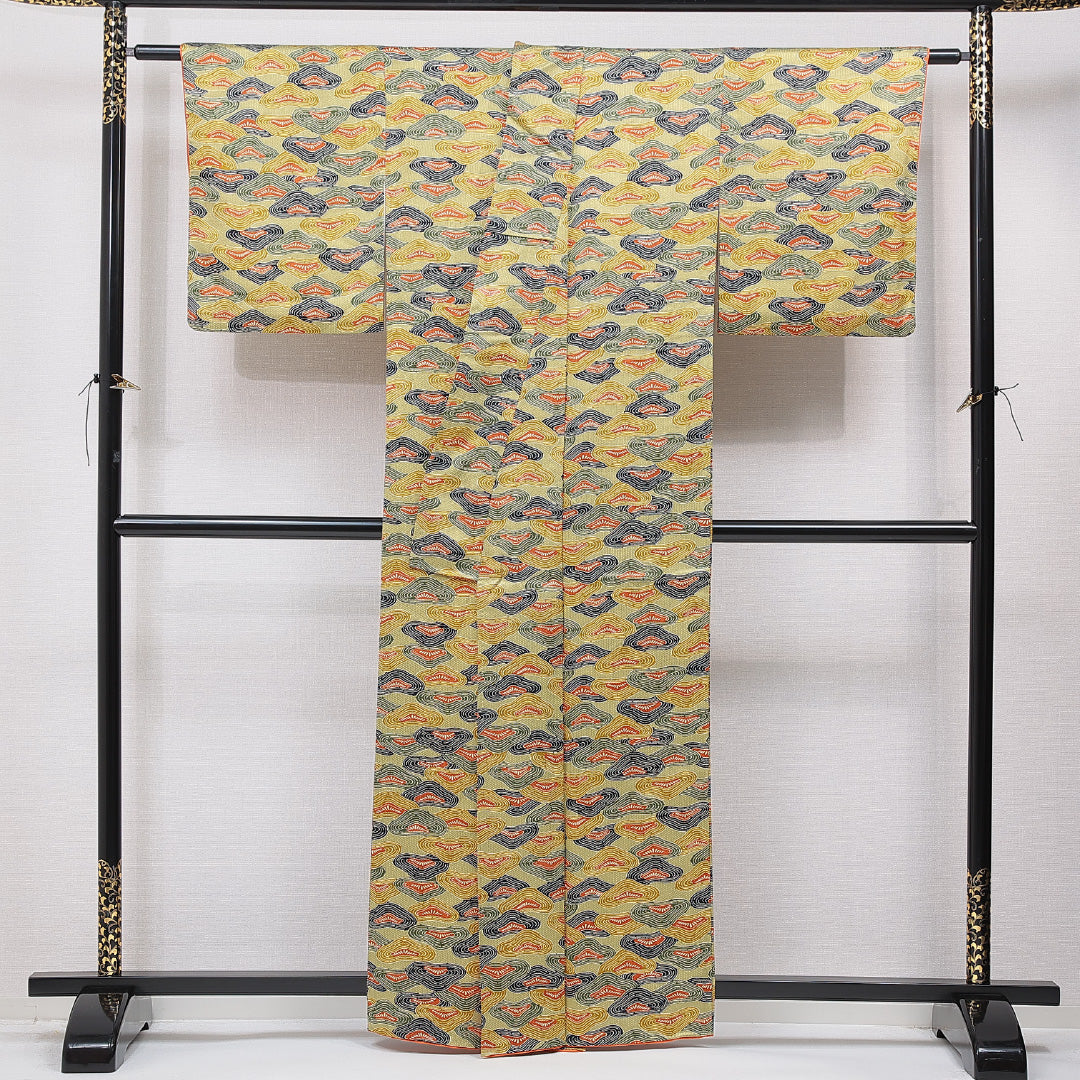 小紋 袷 身丈161cm 裄丈64cm 正絹 Sランク インフォーマル 広衿 Lサイズ 笠松 緑系 RP 1221-15589