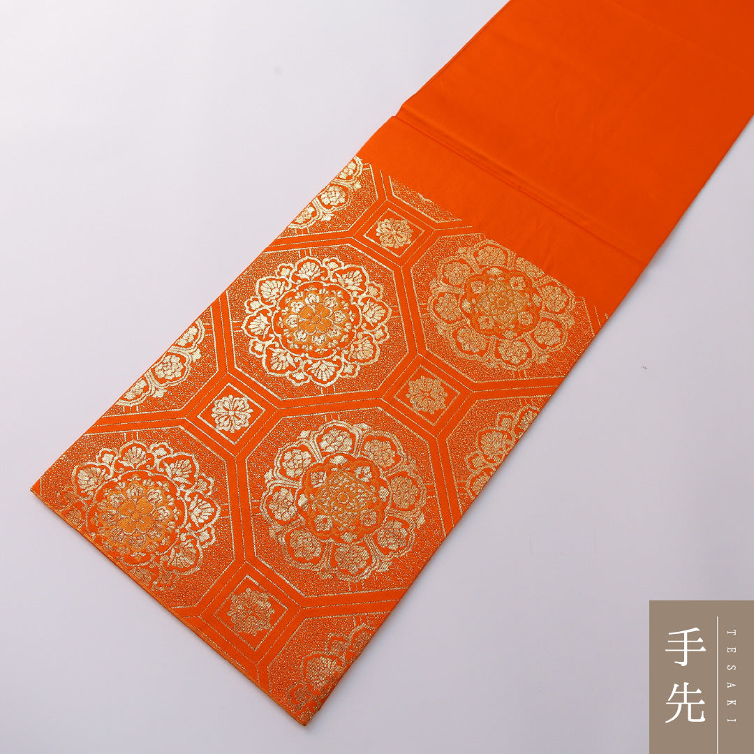 袋帯 帯丈424cm 正絹 六通 フォーマル 蜀江 宝相華 朱系 金系 1243-01959