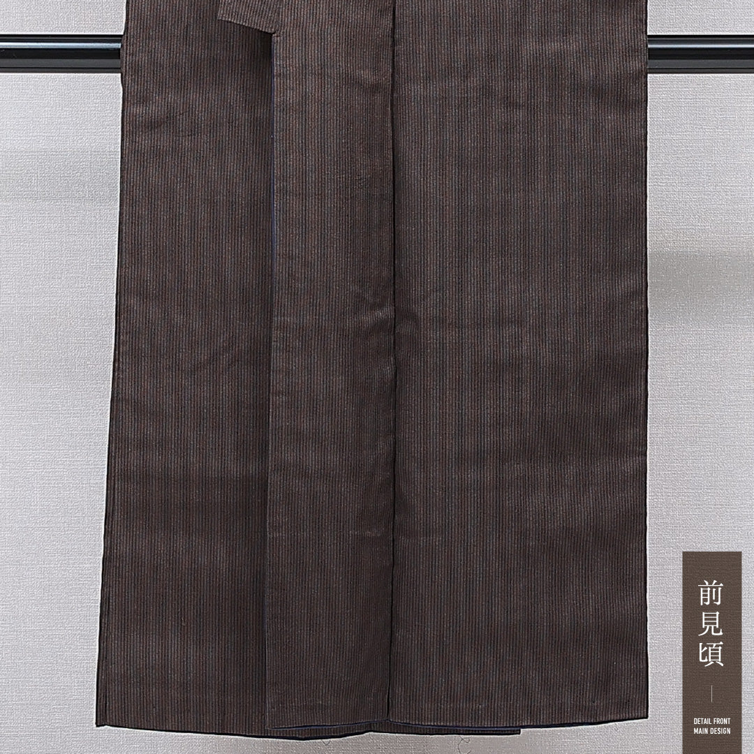 男着物 袷 身丈142cm 裄丈62cm 正絹 Sランク カジュアル 棒衿 Mサイズ 縞 茶系 M4 1224-15766