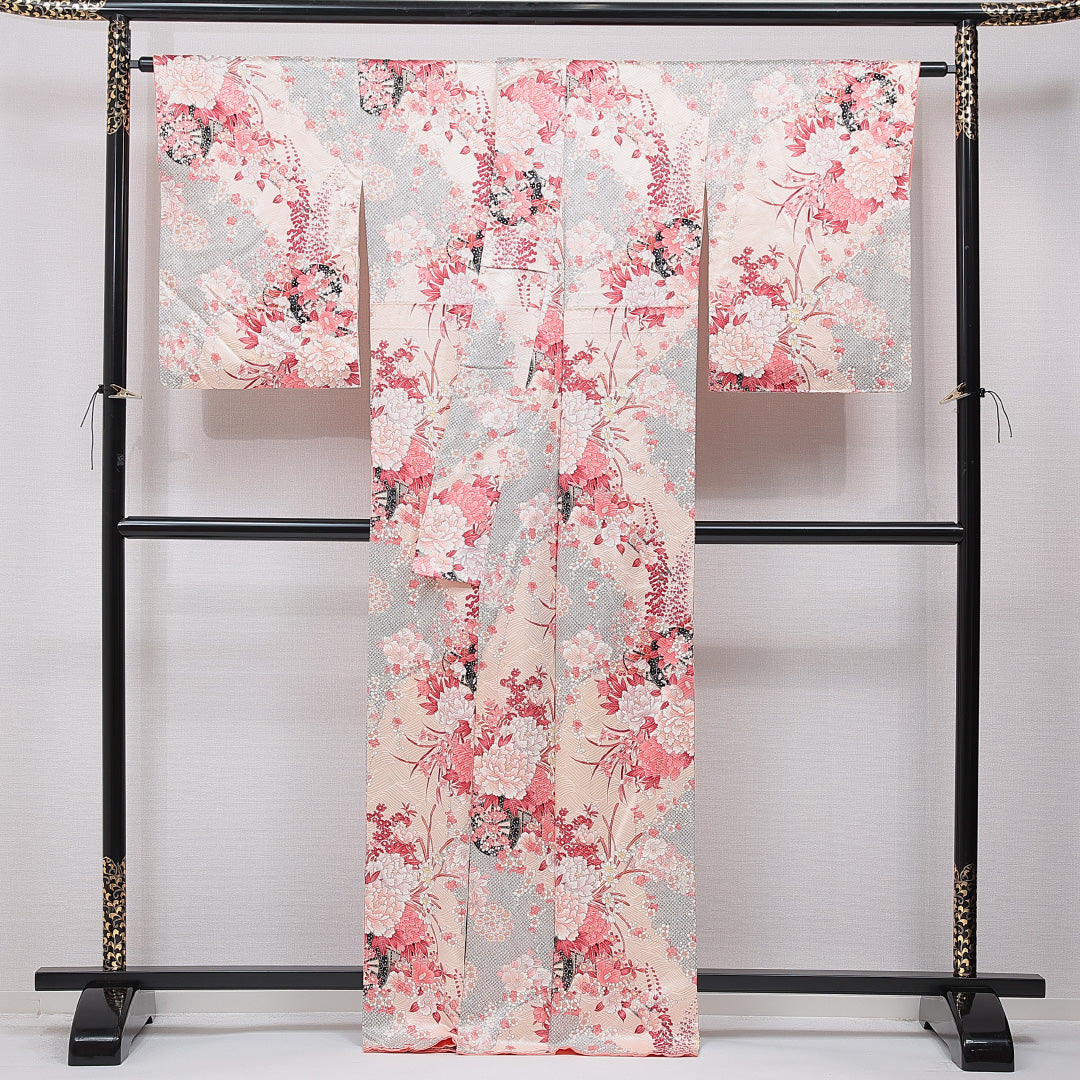 小紋 袷 身丈166cm 裄丈66cm 正絹 Cランク XLサイズ 広衿 インフォーマル 牡丹 ピンク系 1215-15647