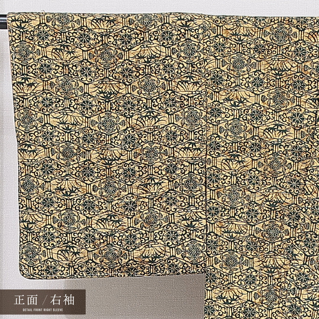 小紋 袷 身丈147cm 裄丈63cm 正絹 Aランク インフォーマル 広衿 XSサイズ 染め紬 蜀江 菊 黄系 RP 1221-15564