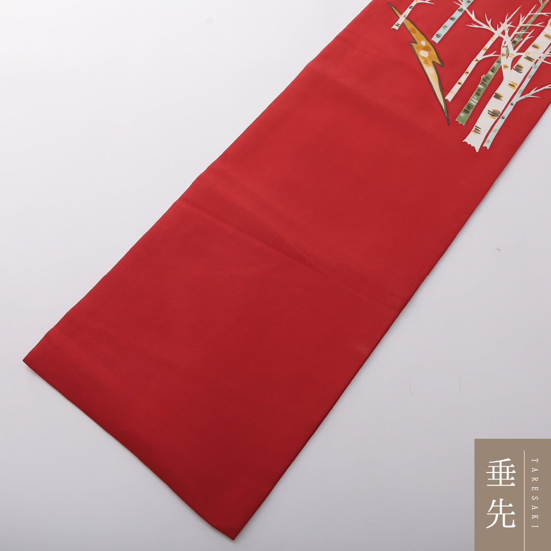 九寸名古屋帯 Bランク 帯丈369cm 正絹 ポイント柄 名古屋仕立て 染め インフォーマル 塩瀬 木立 朱系 HP 1245-03438