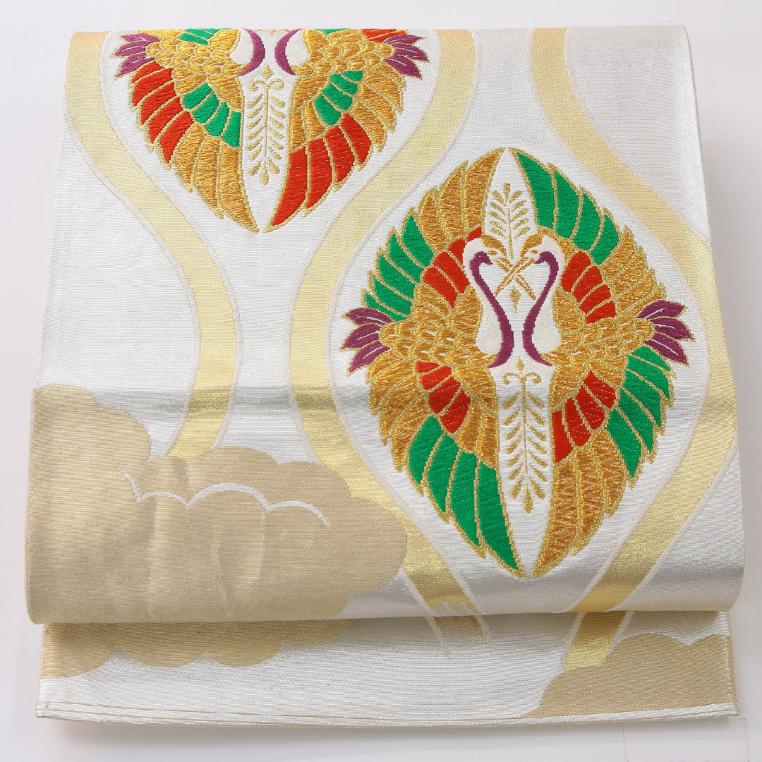 袋帯 帯丈420cm フォーマル 六通 帯芯なし Sランク 正絹 向かい鳥 よろけ縞 白系 1223-02245