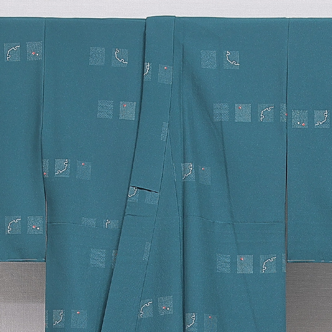 洗える着物 小紋 袷 身丈167cm 裄丈64cm ポリエステル Sランク インフォーマル 広衿 XLサイズ 創作柄 緑系 RP 1221-16258