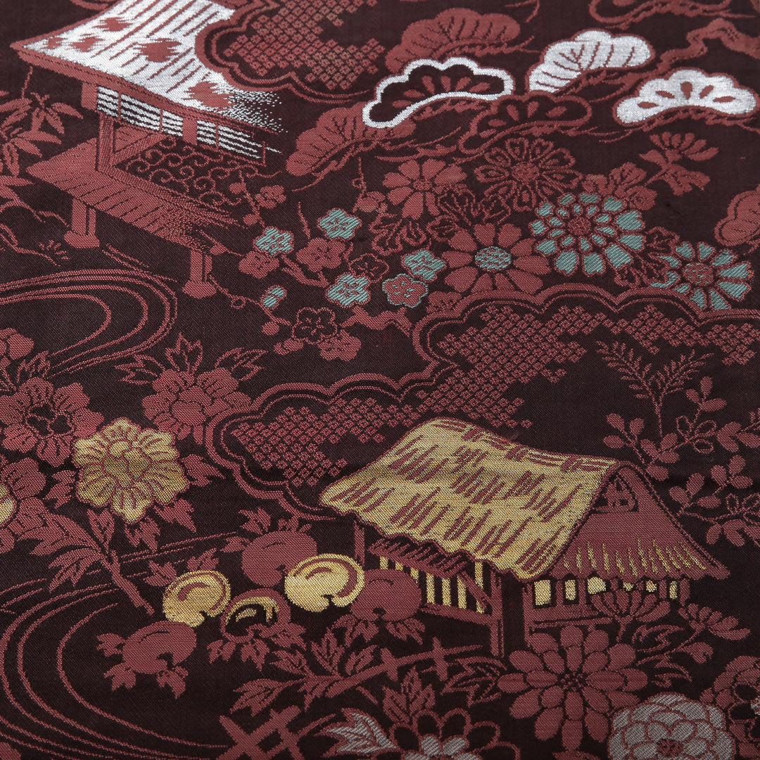 アンティーク 九寸名古屋帯 帯丈327cm セミフォーマル 名古屋仕立て 六通 Aランク 正絹 茶屋辻 松 茶系 1224-03566