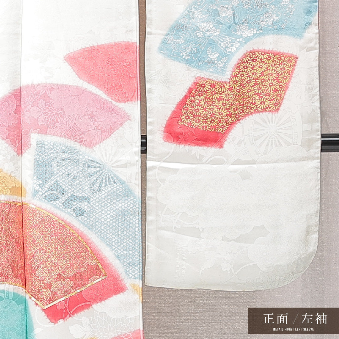振袖 袷 身丈159cm 裄丈64cm フォーマル Cランク Mサイズ 正絹 広衿 扇 七宝 金駒刺繍 1213-F0704