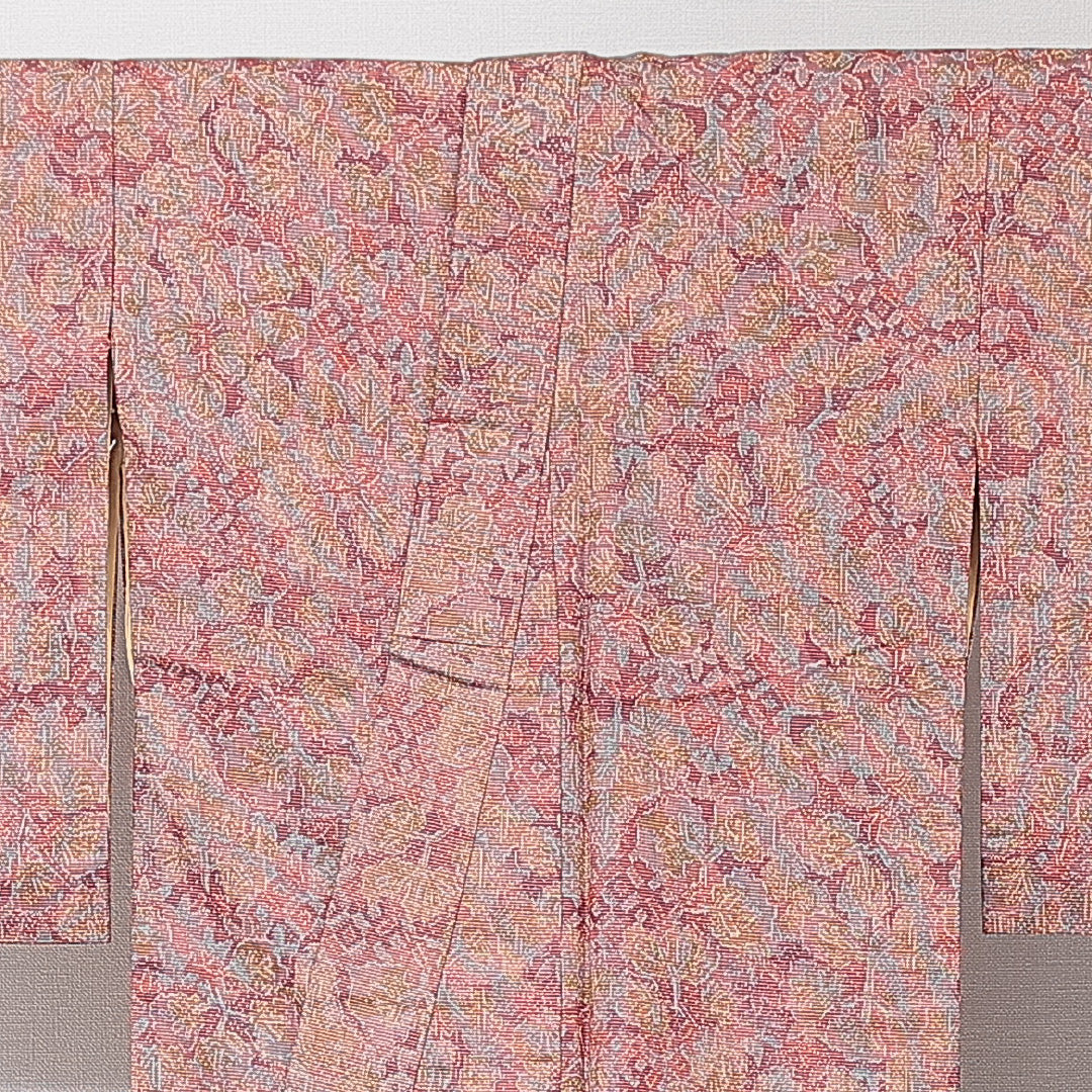 大島紬 袷 身丈153cm 裄丈62cm 正絹 Dランク インフォーマル バチ衿 Sサイズ 経緯絣 植物柄 赤系 HP 1223-15187