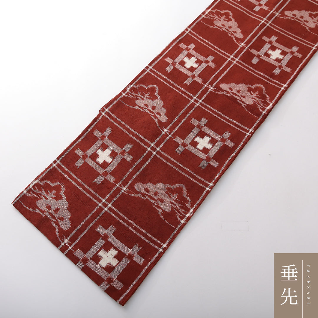 袋帯(紬) 帯丈418cm 正絹 全通 帯端のみ未仕立て 帯芯なし カジュアル 井桁絣 松 証紙 赤系 1243-02131