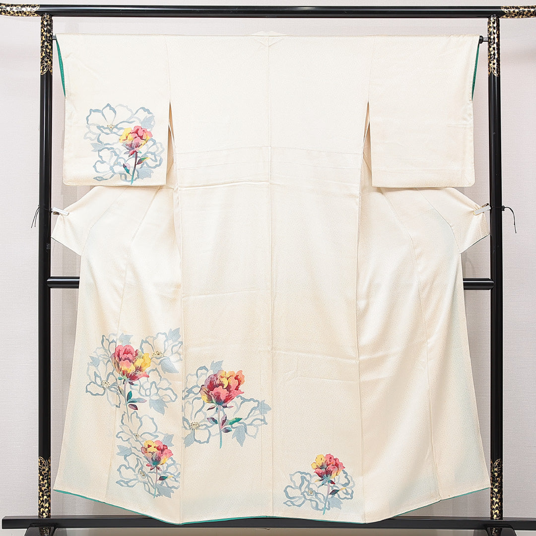 付下げ 袷 身丈153cm 裄丈65cm 正絹 Cランク インフォーマル 広衿 Sサイズ 牡丹 クリーム系 LP 1218-15339