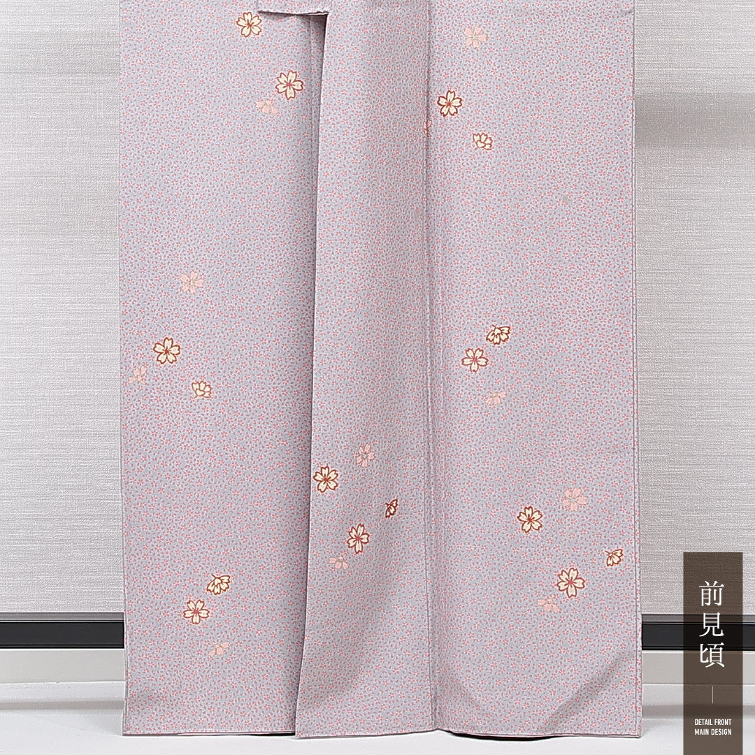 小紋 袷 身丈162cm 裄丈65cm 正絹 Bランク インフォーマル 広衿 Lサイズ 桜 グレー系 RP 1221-15198