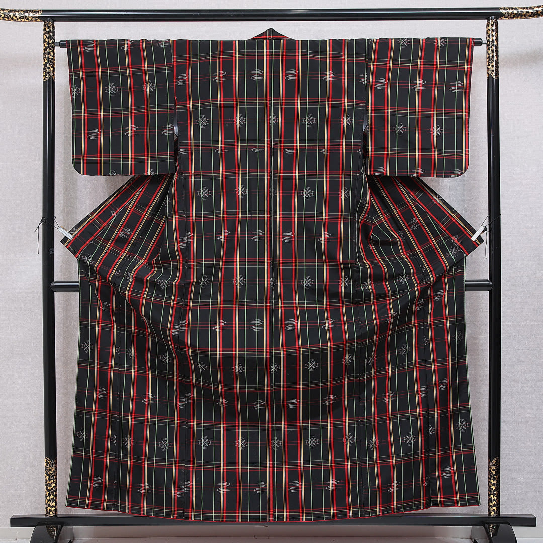 小紋 洗える着物 袷 身丈161cm 裄丈64cm ポリエステル Cランク Lサイズ バチ衿 インフォーマル 格子 黒系 1215-16370