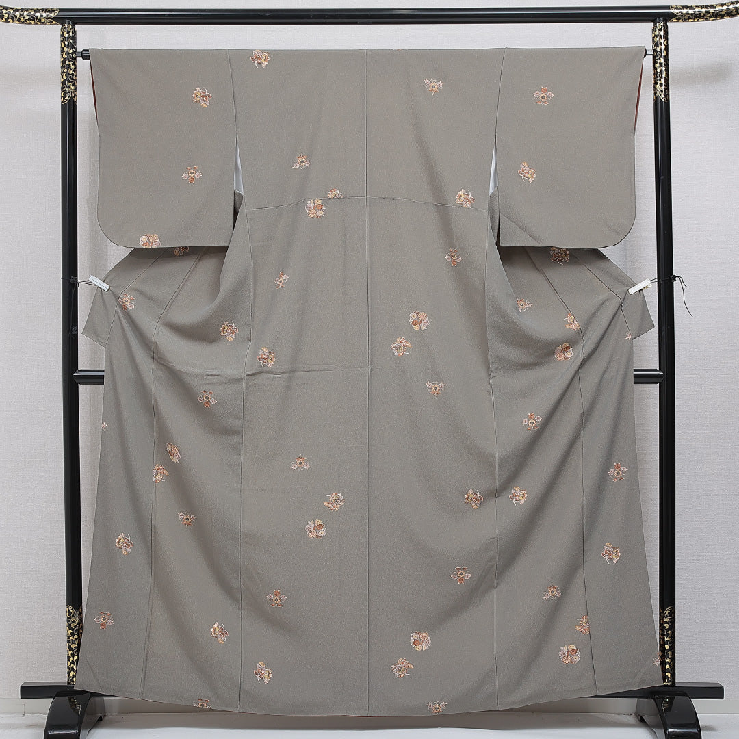 洗える着物 付下げ 袷 身丈165cm 裄丈64cm ポリエステル Sランク インフォーマル バチ衿 XLサイズ 菊 花文 グレー系 RP 1218-16099