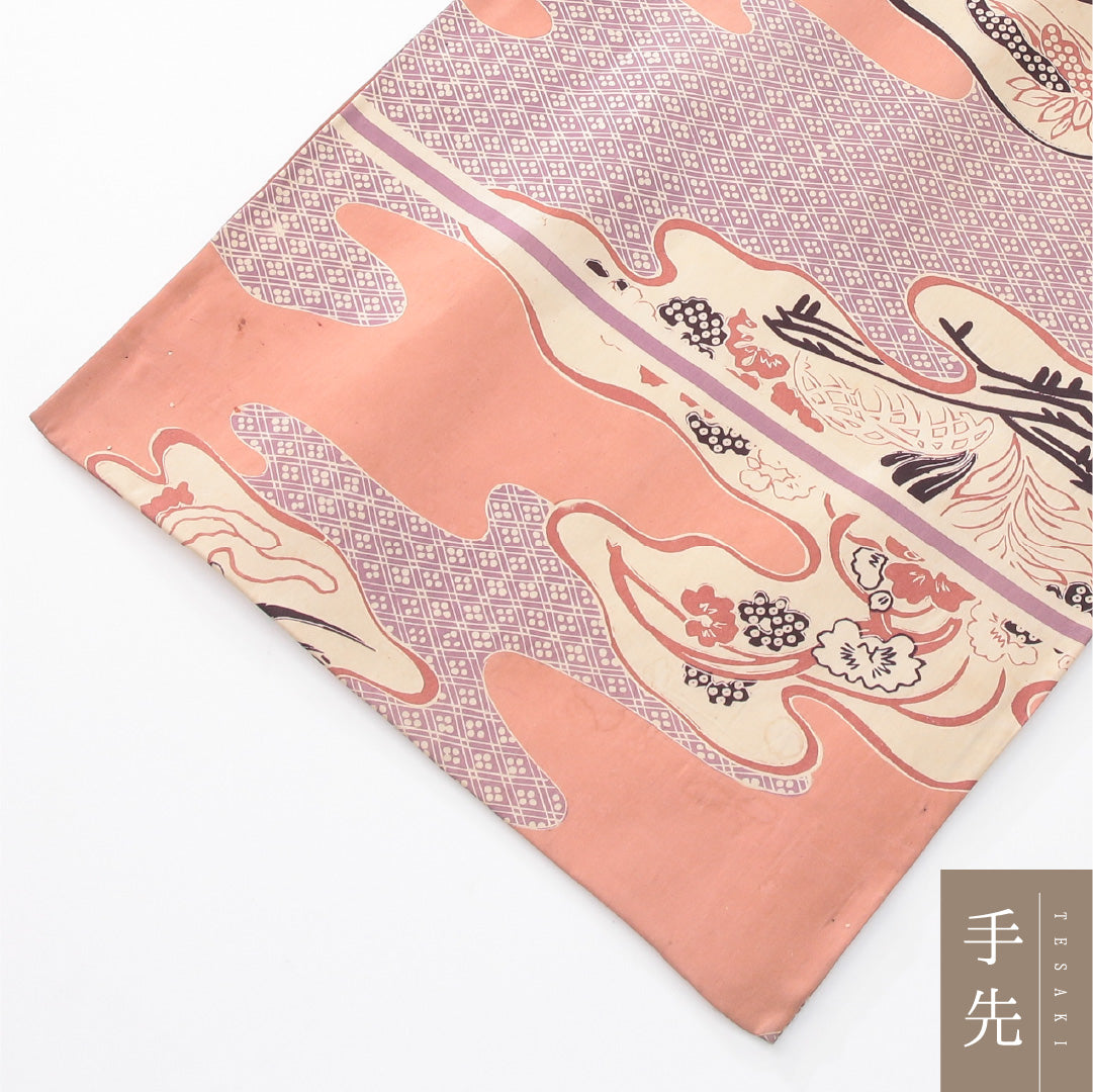 アンティーク 九寸名古屋帯 帯丈378cm 開き仕立て 全通 Aランク 正絹 染め帯 吉祥文様 道長取り ピンク系 1224-04175