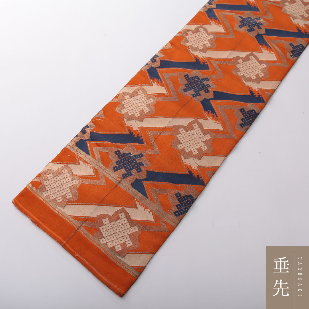 アンティーク 九寸名古屋帯 帯丈368cm 名古屋仕立て 全通 Bランク 正絹 創作柄 朱系 1224-03598