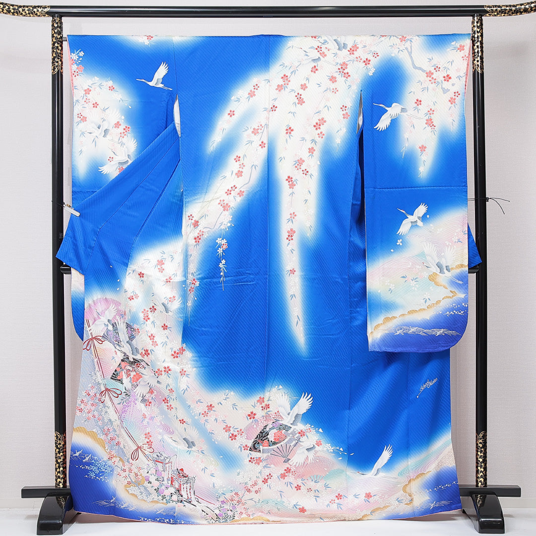 振袖 袷 身丈168cm 裄丈65cm フォーマル Cランク XLサイズ 正絹 広衿 鶴 扇 桜 1213-F0665