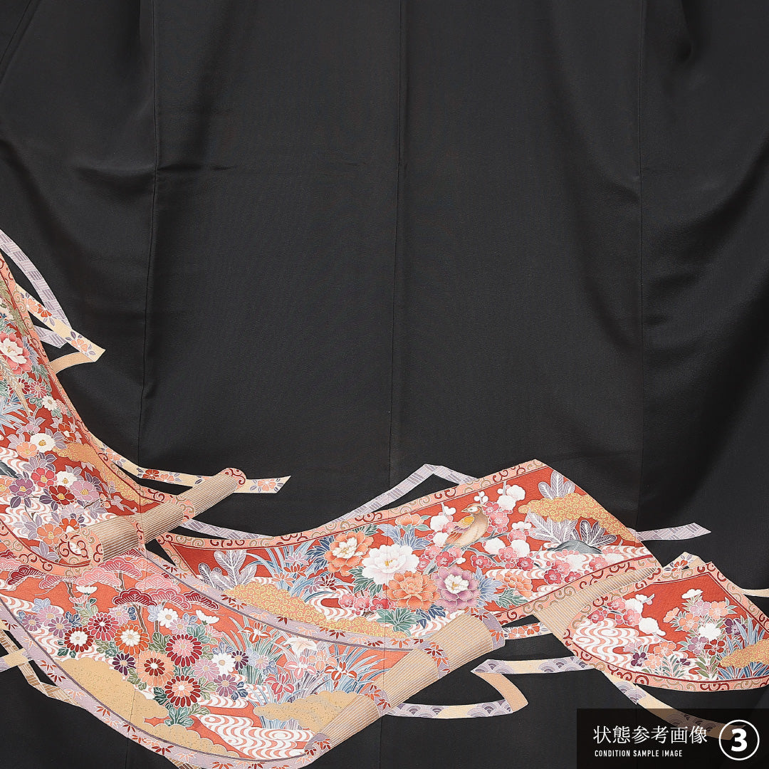 黒留袖 袷 身丈162cm 裄丈62cm 五つ紋 剣片喰 フォーマル Aランク Lサイズ 正絹 比翼仕立て 広衿 鳥 牡丹 1211-F0642