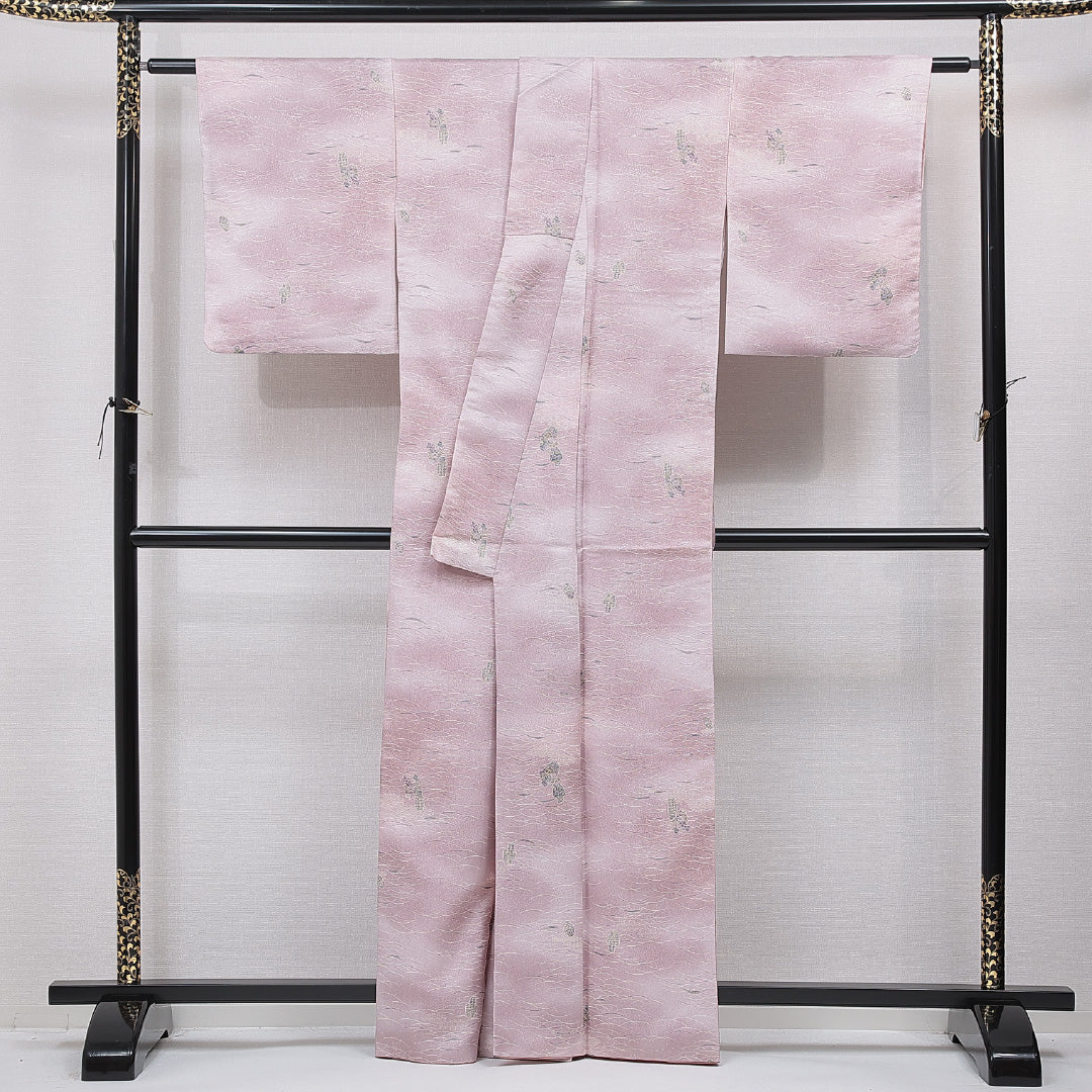 小紋 洗える着物 袷 身丈162cm 裄丈62cm ポリエステル Sランク Lサイズ 広衿 インフォーマル 花瓶 青海波 ピンク系 1215-15801