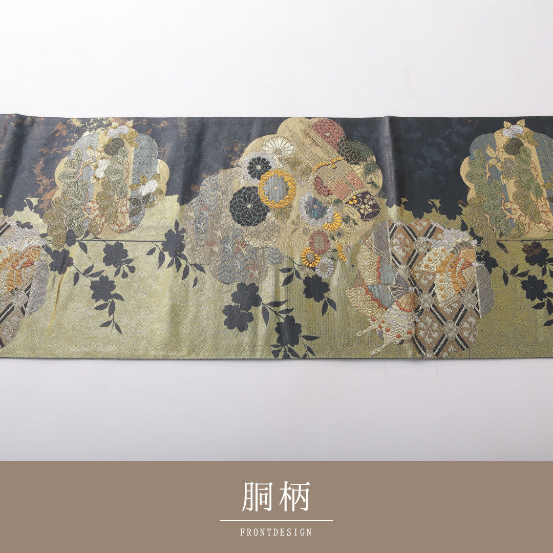 袋帯 帯丈440cm 正絹 六通 フォーマル 研き出し引箔袋 楽器 吉祥文様 紺系 金系 1243-02103