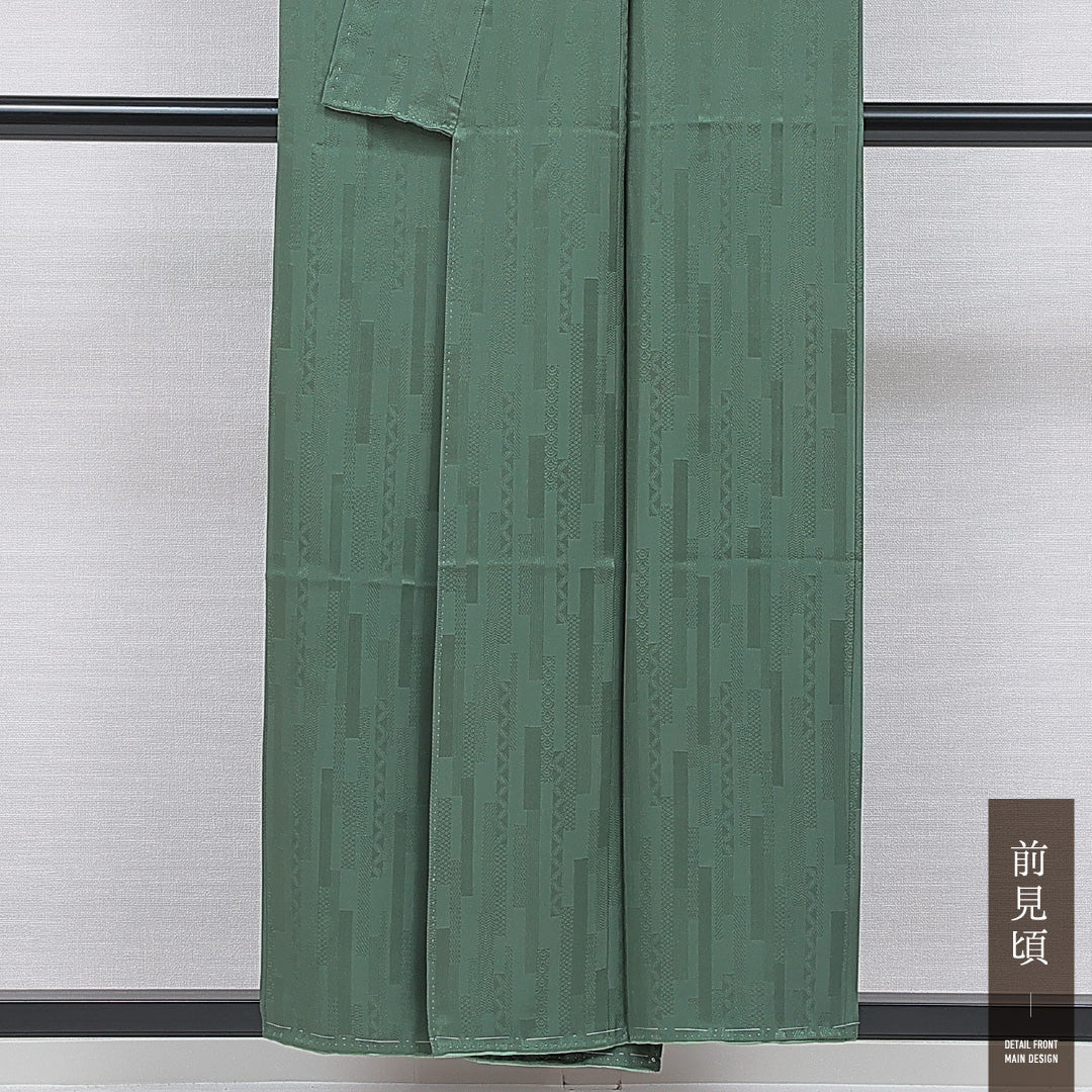 色無地 袷 身丈154cm 裄丈62cm 正絹 Sランク 一つ紋 (丸に違い鷹の羽) 紋意匠 (幾何学) セミフォーマル 広衿 Sサイズ 緑系 RP 1219-16734