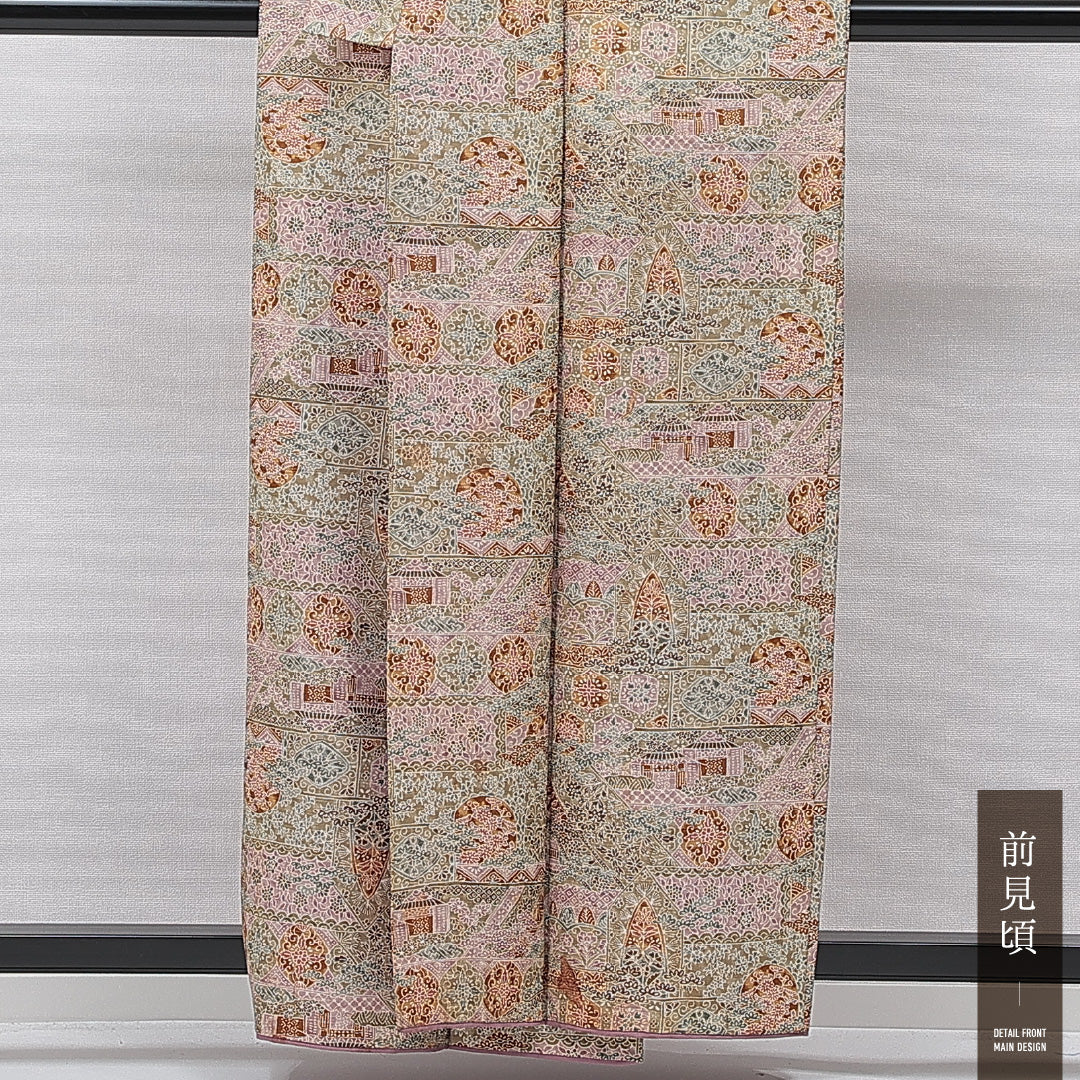 小紋 袷 身丈157cm 裄丈62cm 正絹 Cランク インフォーマル バチ衿 Mサイズ 染め紬 ぼかし染 創作柄 緑系 HP 1221-15557