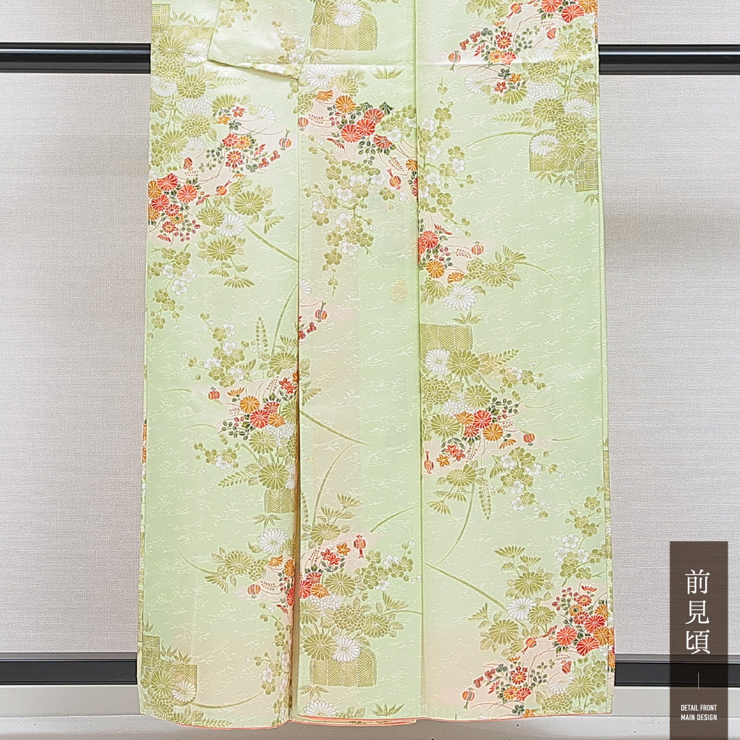 小紋 洗える着物 袷 身丈157cm 裄丈66cm ポリエステル Cランク Mサイズ 広衿 インフォーマル 光悦垣 菊 緑系 1215-16385