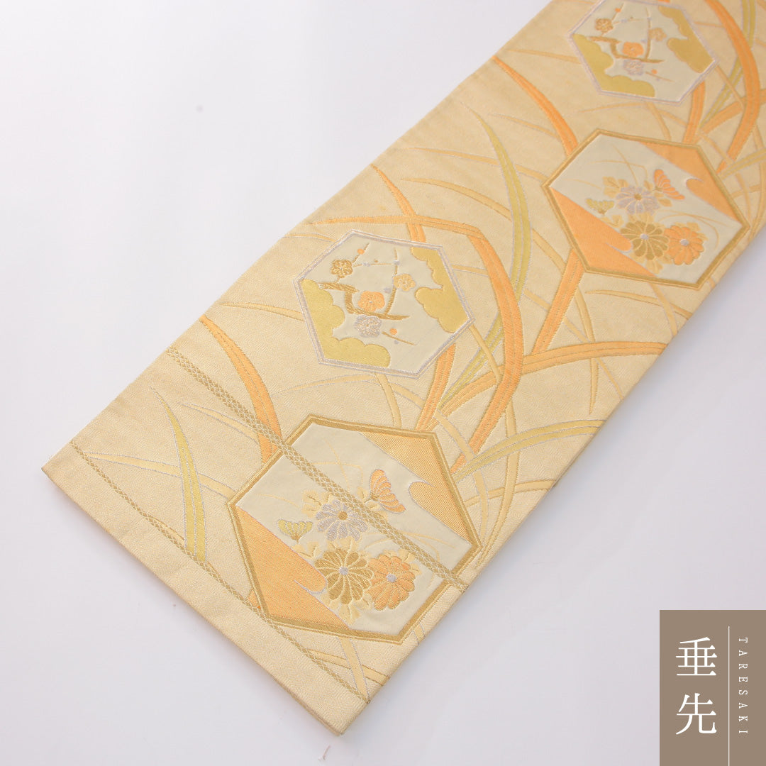袋帯 帯丈416cm フォーマル 六通 Aランク 正絹 亀甲 菊 黄系 クリーム系 1223-02291