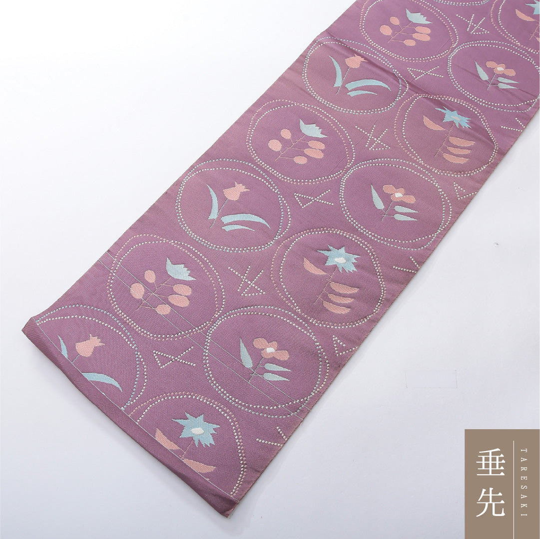 八寸名古屋帯 帯丈350cm カジュアル 松葉仕立て 六通 Cランク 正絹 チューリップ 紫系 1224-03947