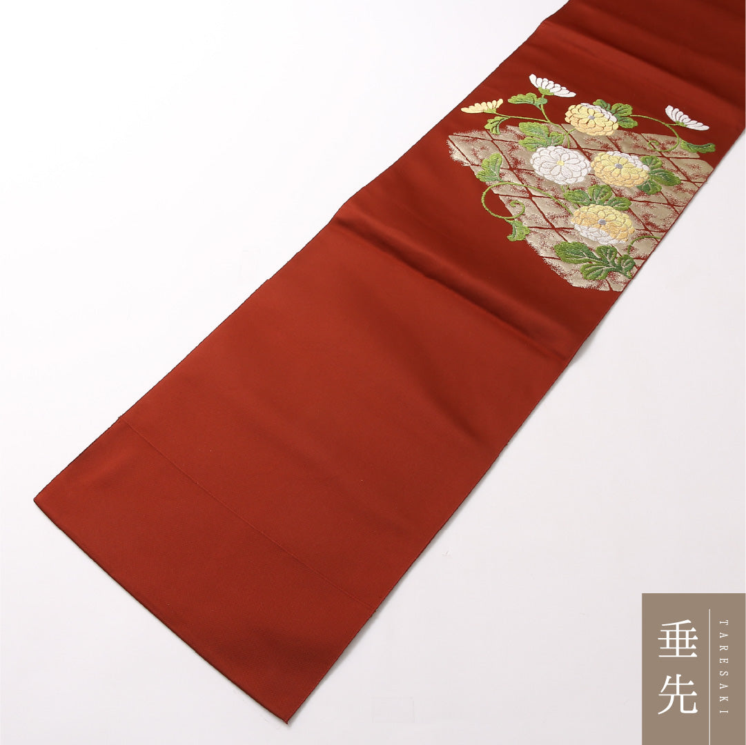 八寸名古屋帯 Aランク 帯丈348cm 正絹 ポイント柄 開き仕立て 織り セミフォーマル 唐草 菊菱 茶系 RP 1245-03150