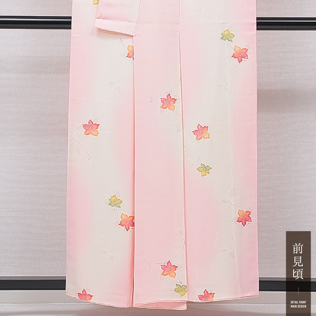 小紋 袷 身丈156cm 裄丈62cm 正絹 Cランク インフォーマル 広衿 Mサイズ 紅葉 ピンク系 HP 1221-15730