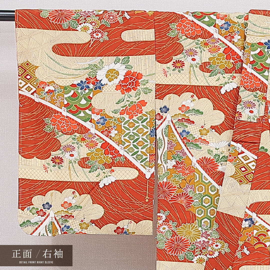 小紋 袷 身丈158cm 裄丈62cm 正絹 Sランク インフォーマル バチ衿 Mサイズ 菊 吉祥文様 朱系 RP 1221-16736