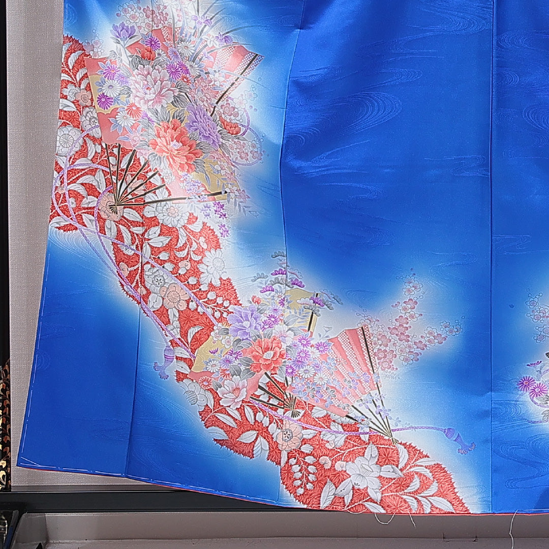 訪問着 洗える着物 袷 身丈159cm 裄丈62cm ポリエステル Sランク Mサイズ 広衿 セミフォーマル 紋意匠 流水 古典柄 ぼかし染 青系 1212-16083