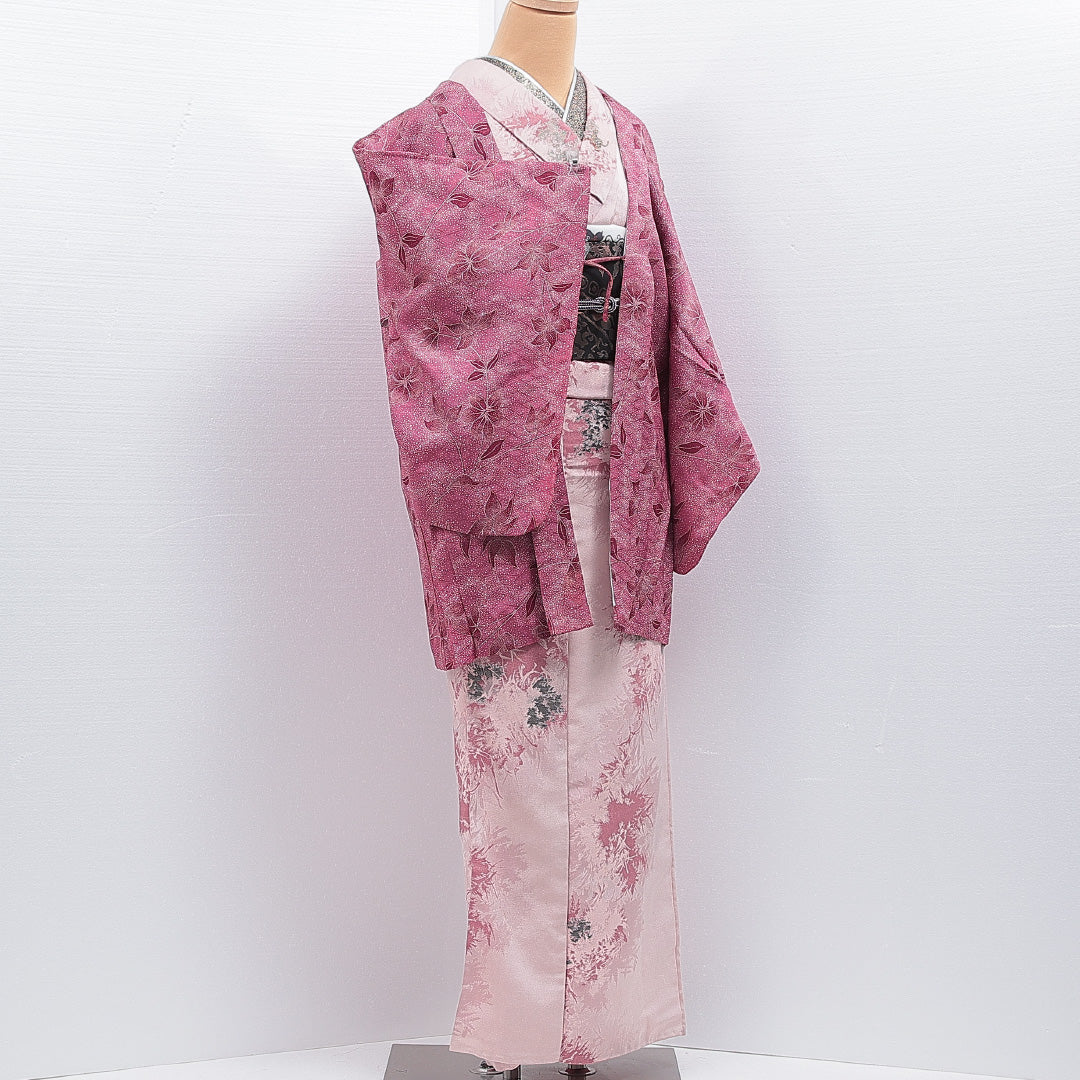 羽織 袷 身丈81cm 裄丈64cm 正絹 Cランク カジュアル Mサイズ 紐あり 花柄 ピンク系 HP 1232-16171