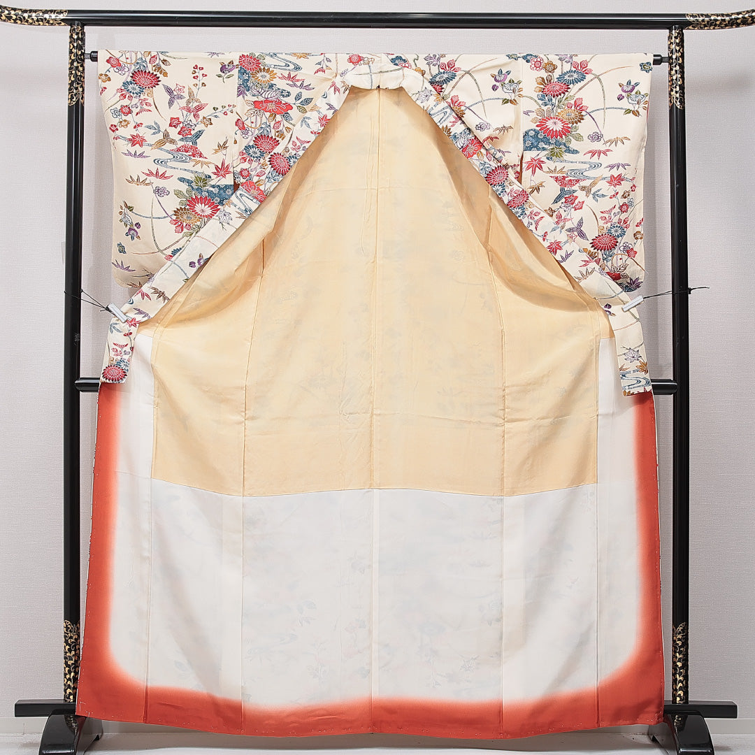 未使用品 小紋 袷 身丈165cm 裄丈64cm 正絹 Nランク インフォーマル バチ衿 XLサイズ 京紅型 流水 四季草花 菊 紅葉 楓 クリーム系 RP 1221-15425
