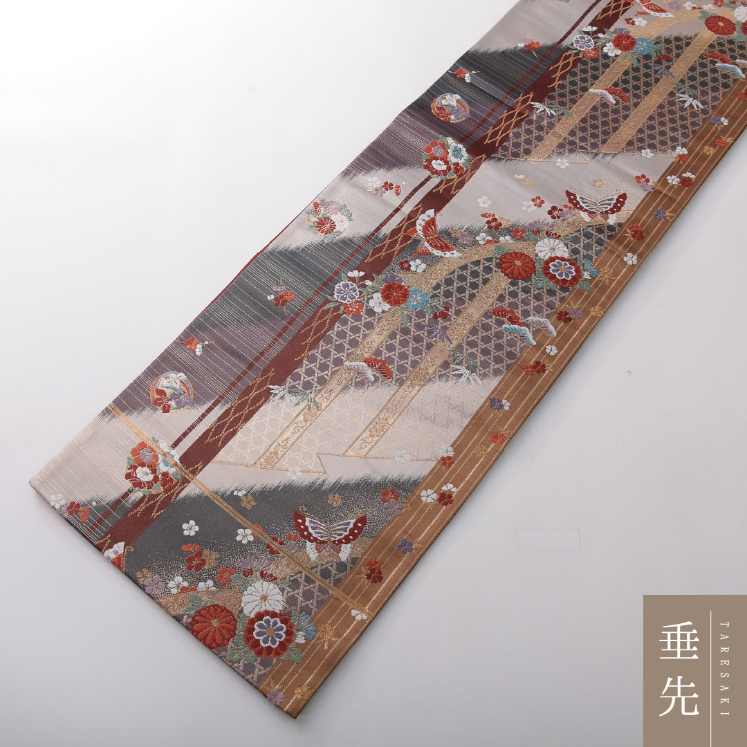 振袖用 袋帯 帯丈436cm 正絹 六通 蝶 光悦垣 吉祥文様 多色系 1243-02114