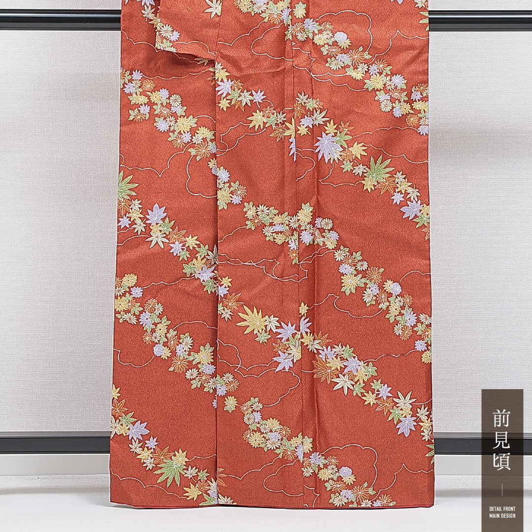 洗える着物 小紋 袷 身丈162cm 裄丈65cm ポリエステル Sランク インフォーマル 広衿 Lサイズ 菊 紅葉 朱系 RP 1221-16261