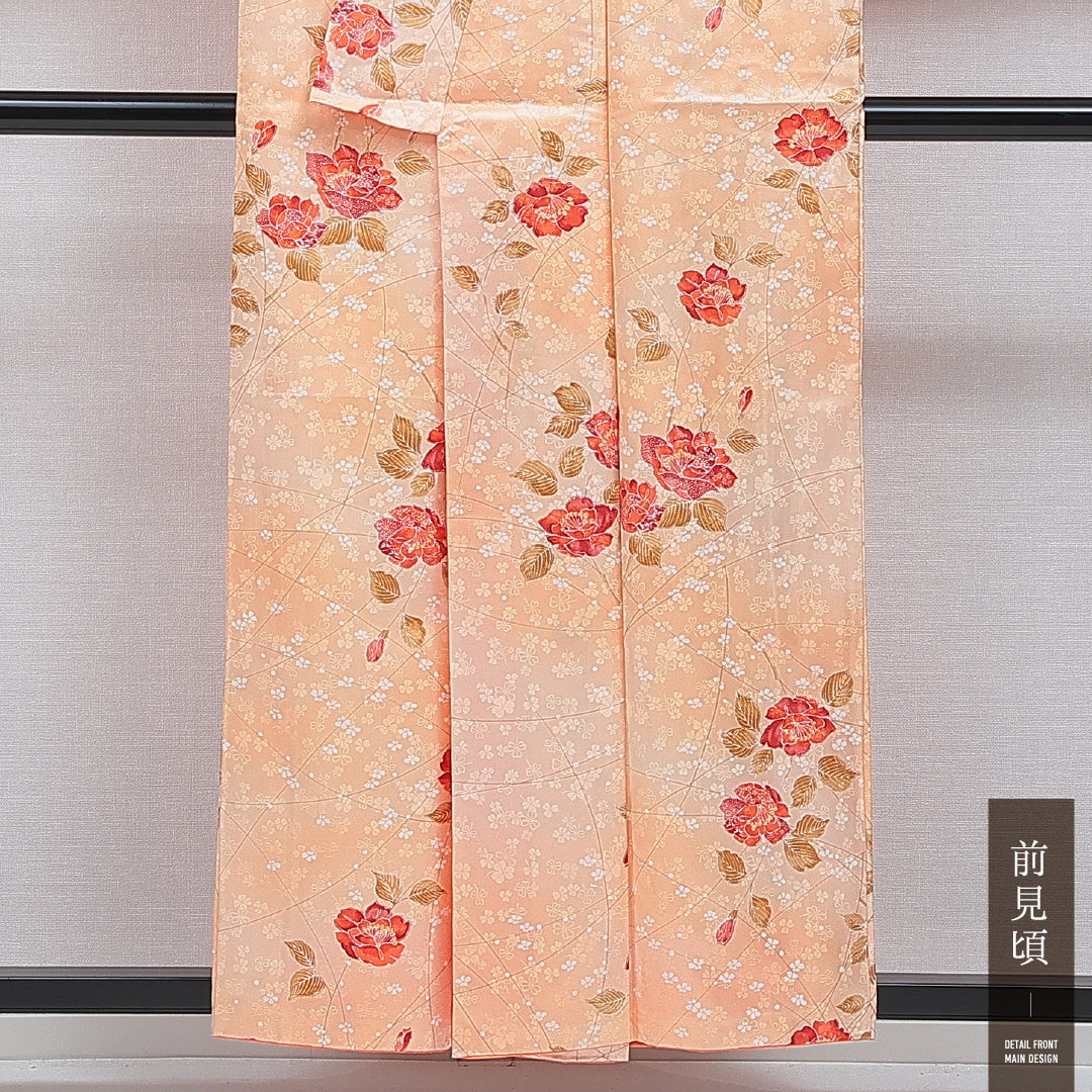 洗える着物 小紋 袷 身丈156cm 裄丈64cm ポリエステル Aランク インフォーマル 広衿 Mサイズ 椿 朱系 HP 1221-16059