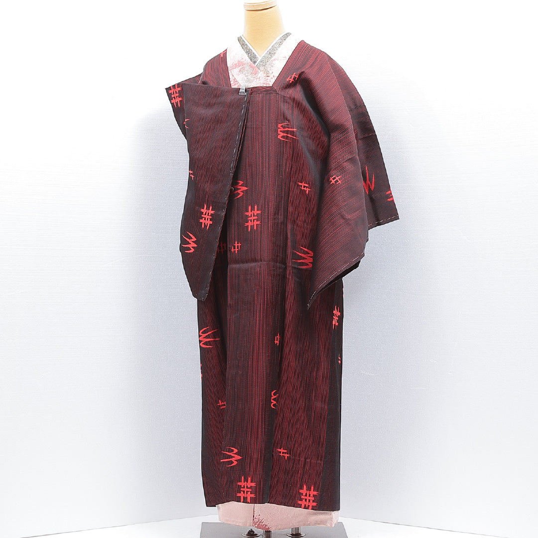 道行コート 単衣 身丈131cm 裄丈65cm 正絹 Sランク Mサイズ ポケットあり 井桁絣 赤系 RP 1237-16801