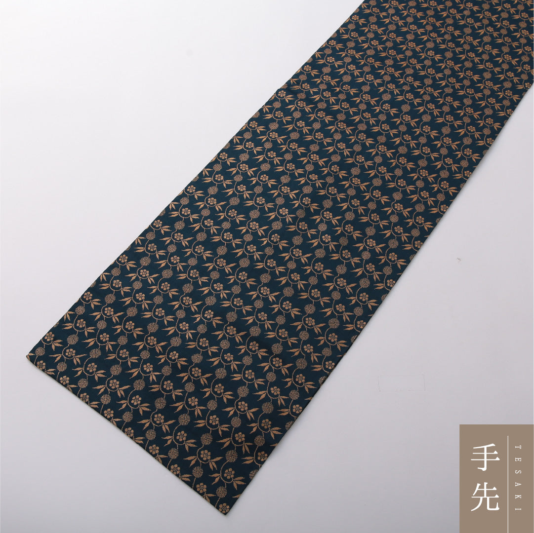 九寸名古屋帯 帯丈432cm カジュアル 開き仕立て 六通 Aランク 正絹 植物柄 紺系 1224-03516