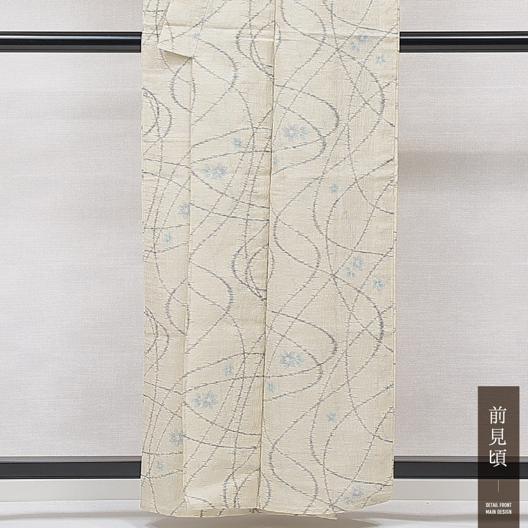 夏物 洗える着物 麻の小千谷縮の着物 単衣 身丈159cm 裄丈62cm 麻 Cランク カジュアル バチ衿 Mサイズ 創作柄 クリーム系 LP 1223-15369