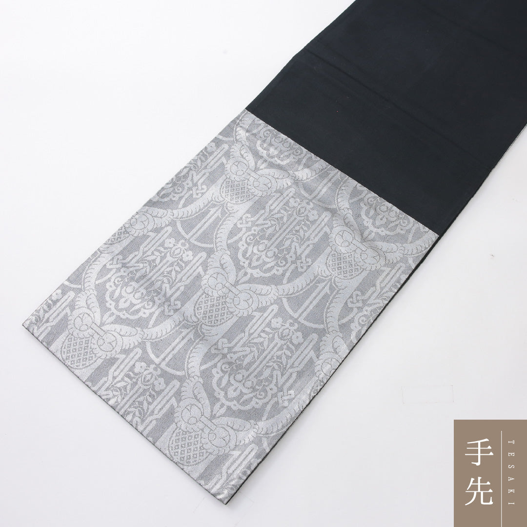 袋帯 帯丈414cm セミフォーマル 六通 帯芯なし Aランク 正絹 ペルシャ文様 銀系 1223-02230