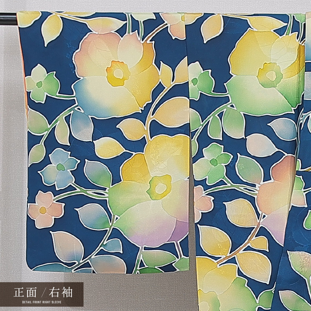 小紋 袷 身丈169cm 裄丈65cm 正絹 Sランク インフォーマル 広衿 XLサイズ 椿 紺系 RP 1221-15363