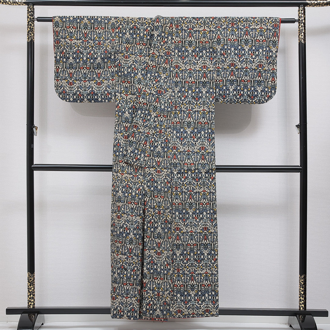 アンティーク お召 袷 身丈155cm 裄丈62cm 正絹 Cランク Mサイズ 広衿 創作柄 多色系 1265-16042